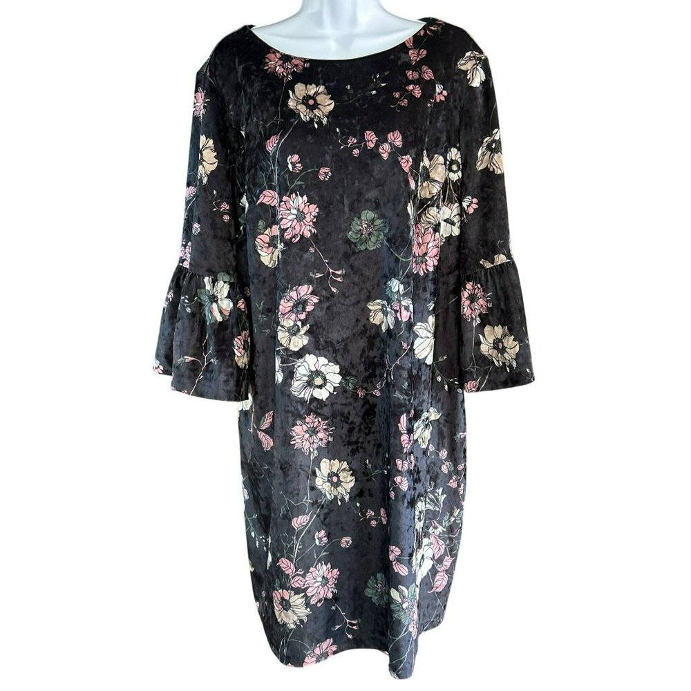 Chicos Womens Black Floral Whimsigoth Velvet Shift Dress Size 3 Bell Sleeve Boho